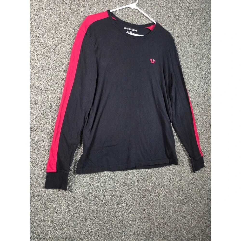 True Religion Long Sleeve‎ Tee Mens S Black Red Stripe Horseshoe Logo 104235